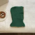 Green knitted contrast color balaclava hooded scarf winter warm hat detail shot. - Dark Green