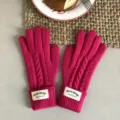 Women winter cable knit gloves rose red warm five finger knitted gloves detail view. - 29x10cm / Rose Red