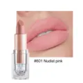 Matte nude lipstick detail view showing #601 nudist pink shade and smooth lip swatch. - #601 Nudist Pink