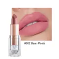 Matte lipstick detail view showing the nude bean paste shade and lip swatch texture. - #602 Bean Paste