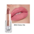 Matte nude lipstick detail view showcasing smooth texture, rich color payoff, and lip swatch. - #604 Dolce Vita