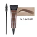 Detailed view of brown eyebrow gel tube with application brush and brow swatch showing color. - Chocolate