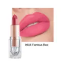 Matte lipstick detail view showing product tube and smooth pink lip color swatch #605. - #605 Famous Red