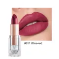 Matte lipstick detail view showing smooth wine red color swatch and transparent tube design. - #611 Wine-Red