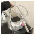 Silver metallic hobo shoulder bag with cute pink heart charm and tassel for women. - No Pendant / Silver