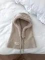 Knitted balaclava hooded scarf winter warm plush lined ear protection fuzzy cap daily wear. - Integrated Hooded Scarf / Off White