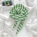 Green and white striped knitted triangle scarf, cozy winter warm kerchief and chic fashion accessory. - Light Green