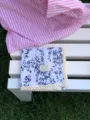 Cotton linen floral square scarf detail, navy plant print with delicate beige lace trim. - 58x58cm / White