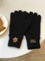 Women's winter warm knit five-finger gloves featuring cute bear and letter embroidery. - 30x12cm / Black