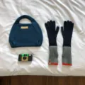 Knit handbag and long gloves set, cozy winter warm accessories in stylish dark blue and grey. - 39x10cm / Navy Blue