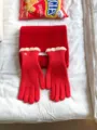 Nahaufnahme der roten Wollstrickhandschuhe mit süßen weißen Bündchen und einem Schal. - 23x10cm / Rot