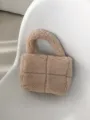 Minimalist beige teddy fleece handbag for women, stylish fluffy shoulder bag with quilted grid design. - Khaki