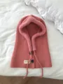 Pink knitted balaclava detail featuring cozy plush lining, functional buttons, and neat stitching. - Integrated Hooded Scarf / Pink