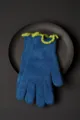 Detailed shot of winter warm knit touch screen gloves for women with blue and green frilly cuffs. - Navy Blue