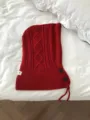 Red knit balaclava hooded scarf with cable pattern, buttons and drawstring for women detail. - Red