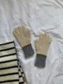 Women winter knit gloves and striped scarf set, warm wool color-block five-finger gloves - Off White