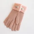 Detailed view of women's pink winter knit gloves with furry cuffs and five-finger warm design. - Full Finger Gloves (W414P) / 30X10cm / Pink