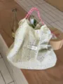 Schicke Blumenmuster Kordelzug Tasche, süße Picknick Handtasche für Damen und Studenten. - Hellgelb Beige Blumenmuster Rosa-Weißer Seilgriff (10)