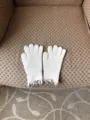 Women touchscreen knit gloves, warm winter wool yarn mittens with cute ruffle cuffs details. - Off White