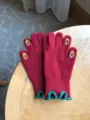 Red knitted gloves for women with green ruffle cuffs and cute yellow finger embroidery details. - Dark Red