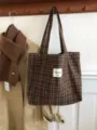 Brown plaid wool tote bag detail, lazy style shoulder bag scene display, vintage aesthetic. - Dark Brown