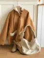 Casual autumn winter large capacity wool tote bag for women, cozy chic shoulder bag style. - Off White