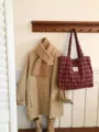 Classic red plaid tote bag for women, spacious casual shoulder bag for autumn and winter daily use. - Red