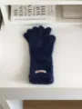 Detailed close-up shot of cozy dark blue plush winter gloves with a cute cuff label. - 27X10CM-W207MD / Navy Blue