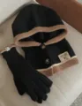 Πλεκτό σετ κουκούλας balaclava και γαντιών, ζεστό χειμερινό αξεσουάρ μόδας για γυναίκες. - Μαύρο
