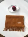 Detailansicht eines gemütlichen karamellfarbenen Wollschals mit Stickerei und Fransen. - Karamellbraun