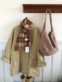 Pink wool tote bag for women, cozy large capacity casual winter shoulder handbag. - Brick Red