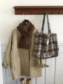 Autumn winter plaid shoulder bag large capacity casual tote bag stylish daily woolen bag - Mocha