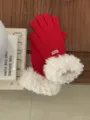 Detailed view of red winter knitted gloves with fluffy plush cuffs for cozy cold weather warmth. - 25x10cm / Red
