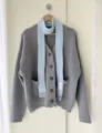 Cardigan en tricot gris style coréen avec longue écharpe bleu clair vêtement chaud d'hiver - Bleu ruban