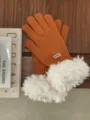 Women winter warm knit gloves in orange with cozy white plush cuff, soft wool five finger style. - 25x10cm / Orange Red
