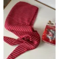 Striped knitted hooded scarf winter warm neck warmer pink and red beanie cap women - Red