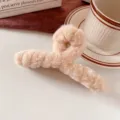 Beige plush hair claw clip, fluffy winter shark clip for cute hair styling and buns. - Khaki