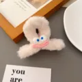 Cute plush hair claw clip with big googly eyes and smile face, fluffy fuzzy shark clip for women. - Off White
