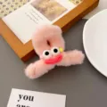 Pink fluffy hair claw clip with cute big eyes and red lips for women winter hair styling - Pink