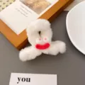 White plush hair claw clip with funny eyes and red lips, cute fluffy shark clip for women. - White