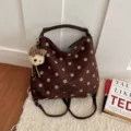 Vintage brown polka dot suede backpack large capacity casual commuter tote bag with cute bear. - No Pendant / Brown
