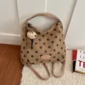 Korean style polka dot faux suede large capacity tote shoulder backpack with cute bear pendant. - No Pendant / Brown