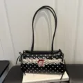 Black and white polka dot shoulder bag with sweet lace trim and bow, trendy underarm bag. - Black