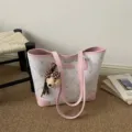 Large capacity PU leather tote bag with pink trim and cute bear charm for daily commute. - Without Charms / Pink