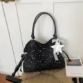 Black star print canvas tote bag with white lace star pendant for women daily commuting. - With Pendant / Black