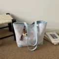 Chic large capacity tote bag for women, stylish commuter shoulder bag with cute bear pendant. - Without Charms / Blue