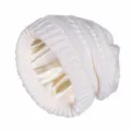 White knit beanie with smooth satin lining, warm winter windproof knitted hat detail view - White