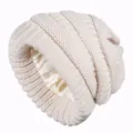 Beige knitted slouchy beanie with smooth satin lining for women, windproof warm winter hat. - Beige