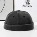 Retro washed denim docker cap for men and women, vintage street style roll brim hat. - Adjustable / Black