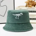Washed vintage green bucket hat featuring a cool dinosaur skeleton embroidery for outdoor sun. - One Size / Army Green